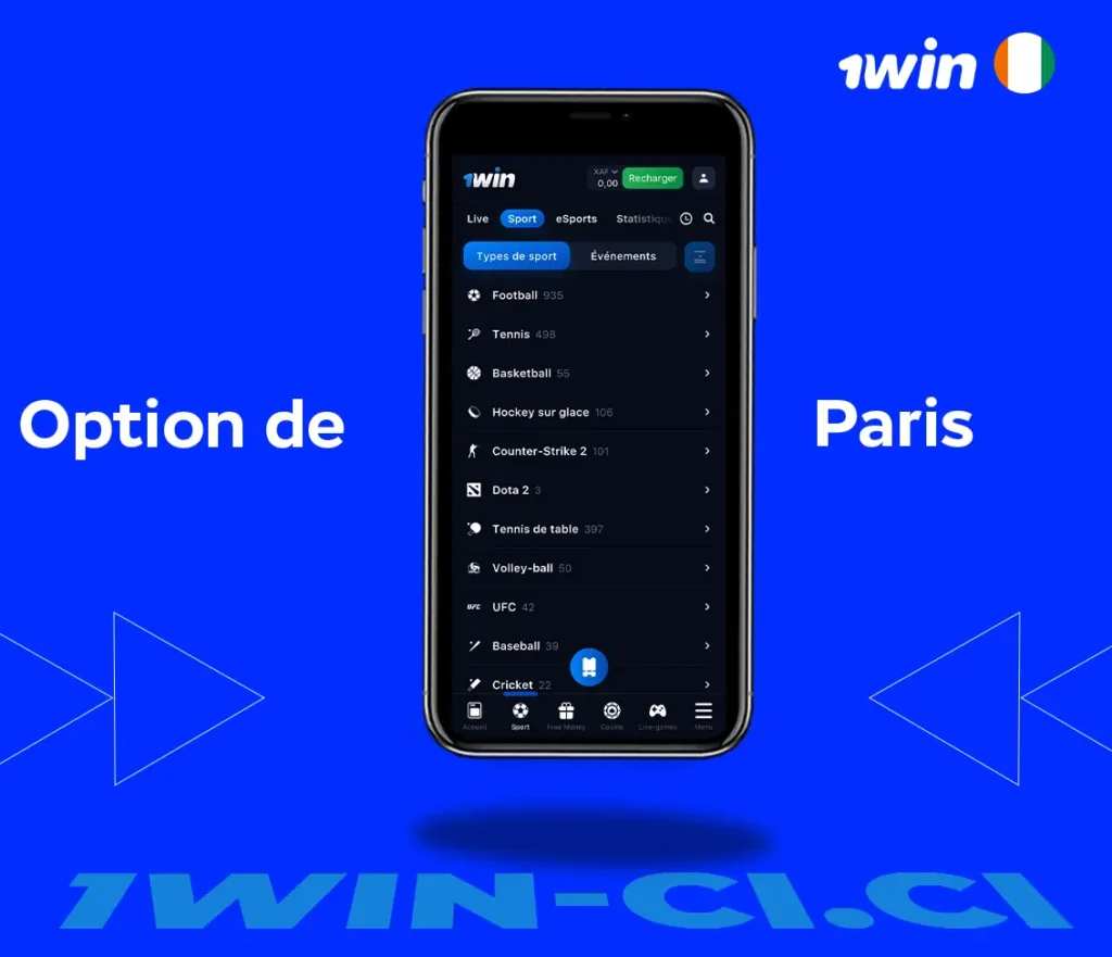 Options de pari dans l'application 1 win apk