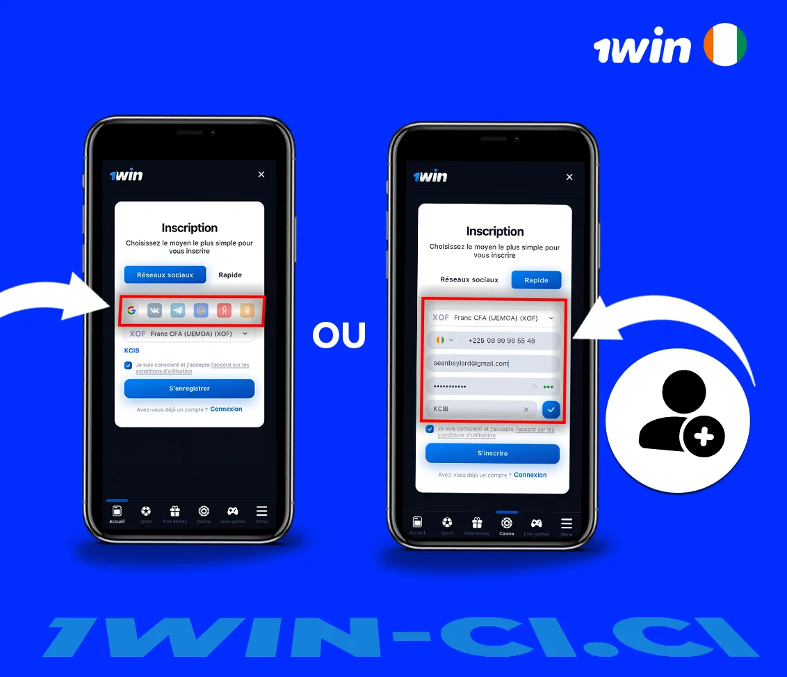 Sélectionnez votre méthode d'inscription sur 1Win